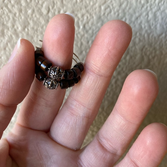 Handmade Dark Wood Beaded Hoop Earrings - Picture 3 of 8